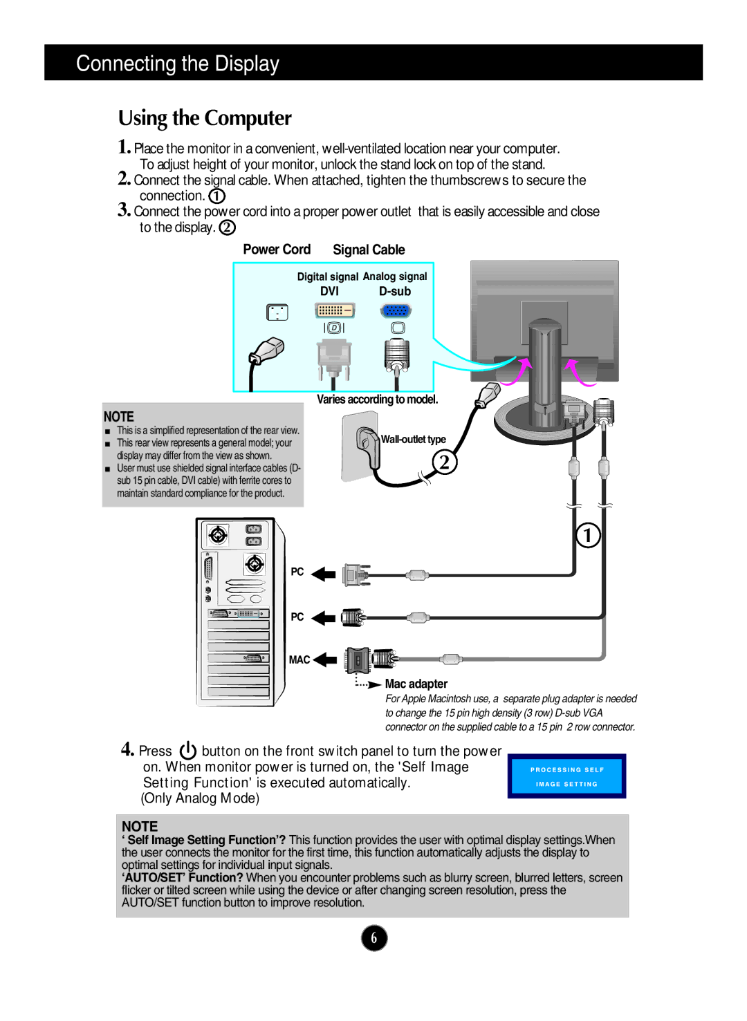 LG Electronics L2000CP manual Using the Computer, Power Cord Signal Cable 