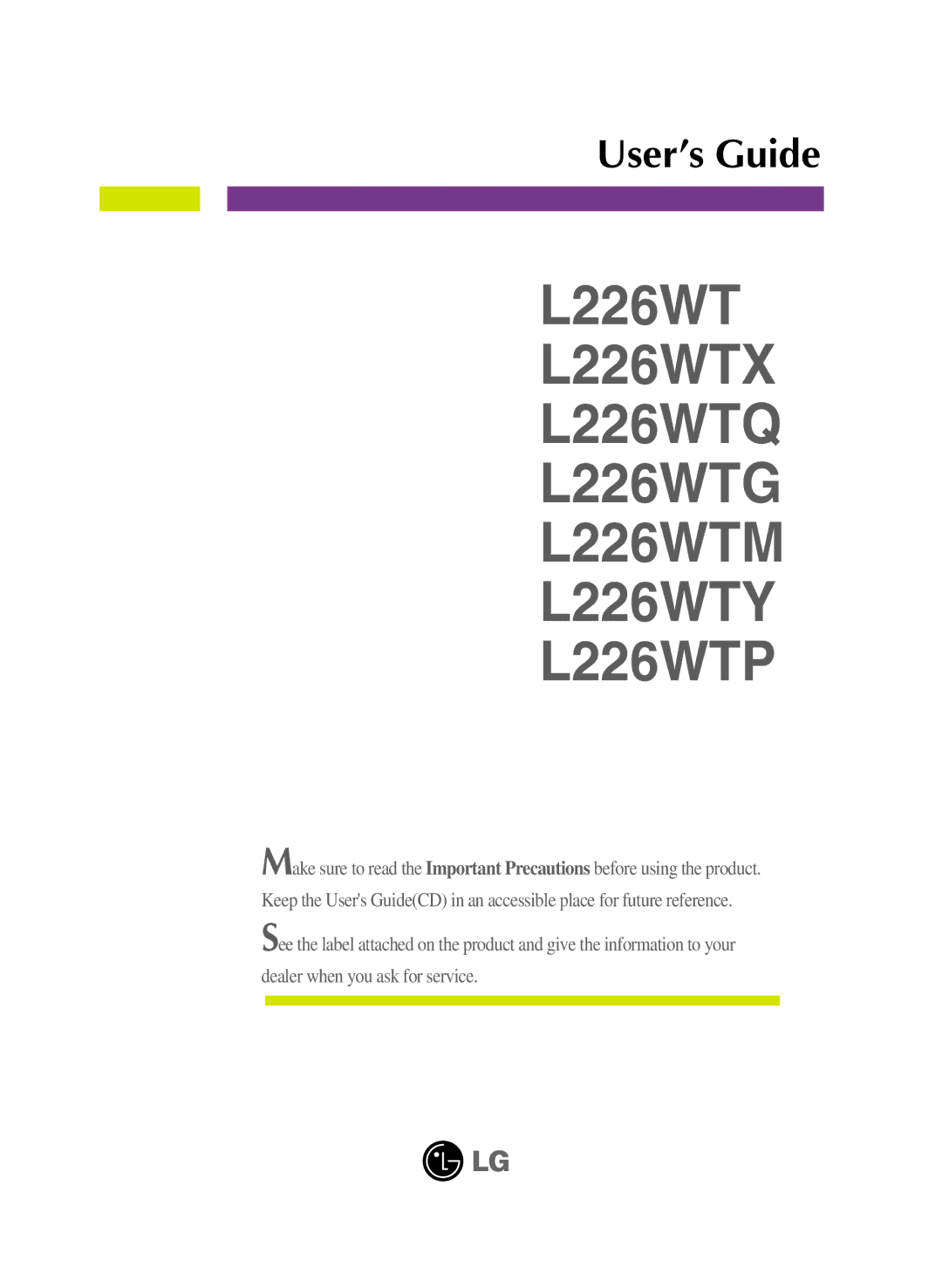 LG Electronics manual L226WTX L226WTQ L226WTG L226WTM L226WTY L226WTP 