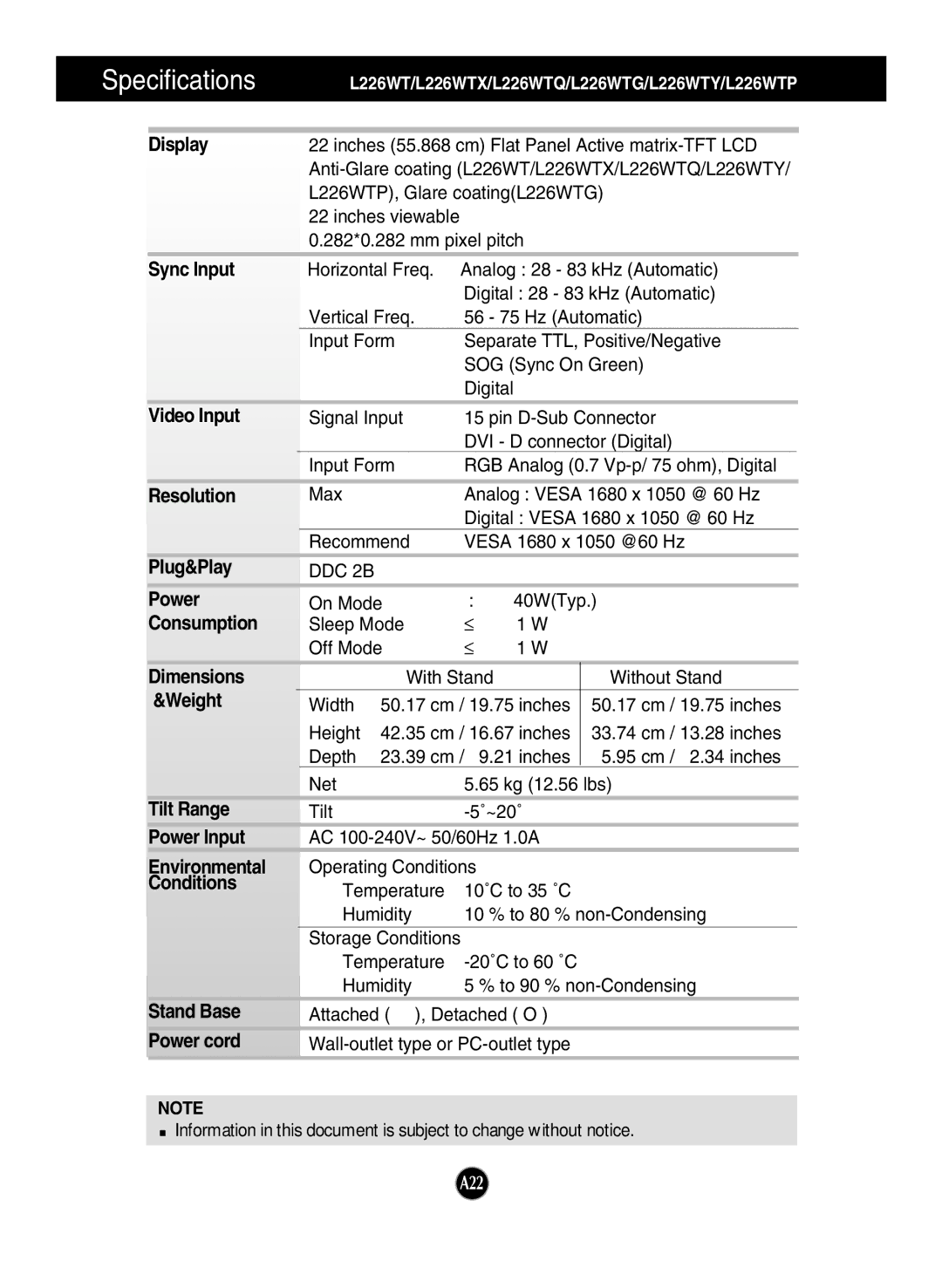 LG Electronics L226WTX Display, Sync Input, Video Input, Resolution, Plug&Play, Power, Consumption, Dimensions, Weight 