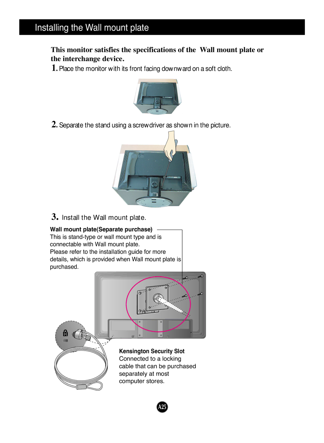 LG Electronics L226WTP manual Installing the Wall mount plate, Wall mount plateSeparate purchase, Kensington Security Slot 