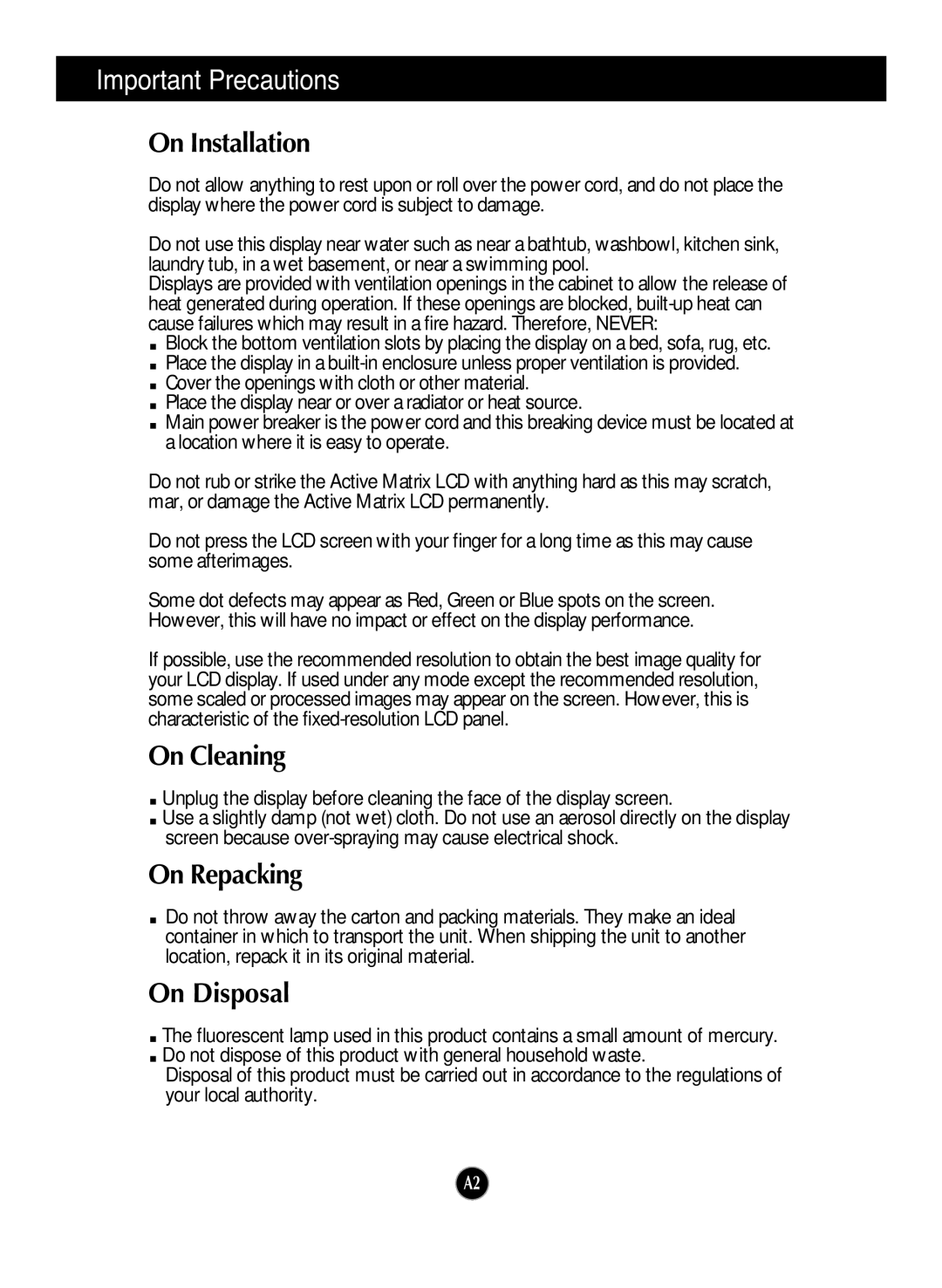 LG Electronics L226WTM, L226WTY, L226WTX, L226WTG, L226WTP, L226WTQ On Installation, On Cleaning, On Repacking, On Disposal 