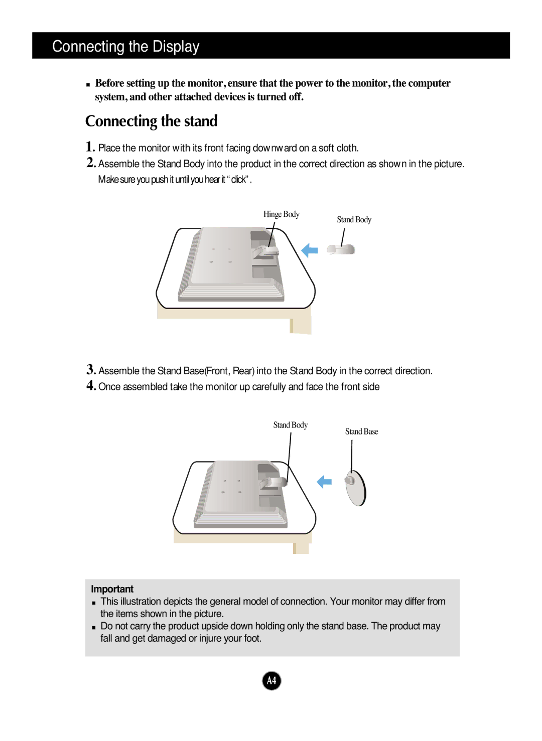 LG Electronics L226WTP, L226WTY, L226WTX, L226WTM, L226WTG, L226WTQ manual Connecting the Display, Connecting the stand 