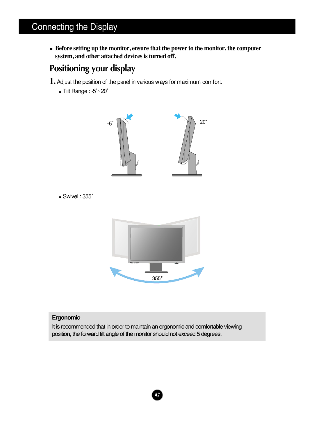 LG Electronics L226WTY, L226WTX, L226WTM, L226WTG, L226WTP, L226WTQ manual Positioning your display, Ergonomic 