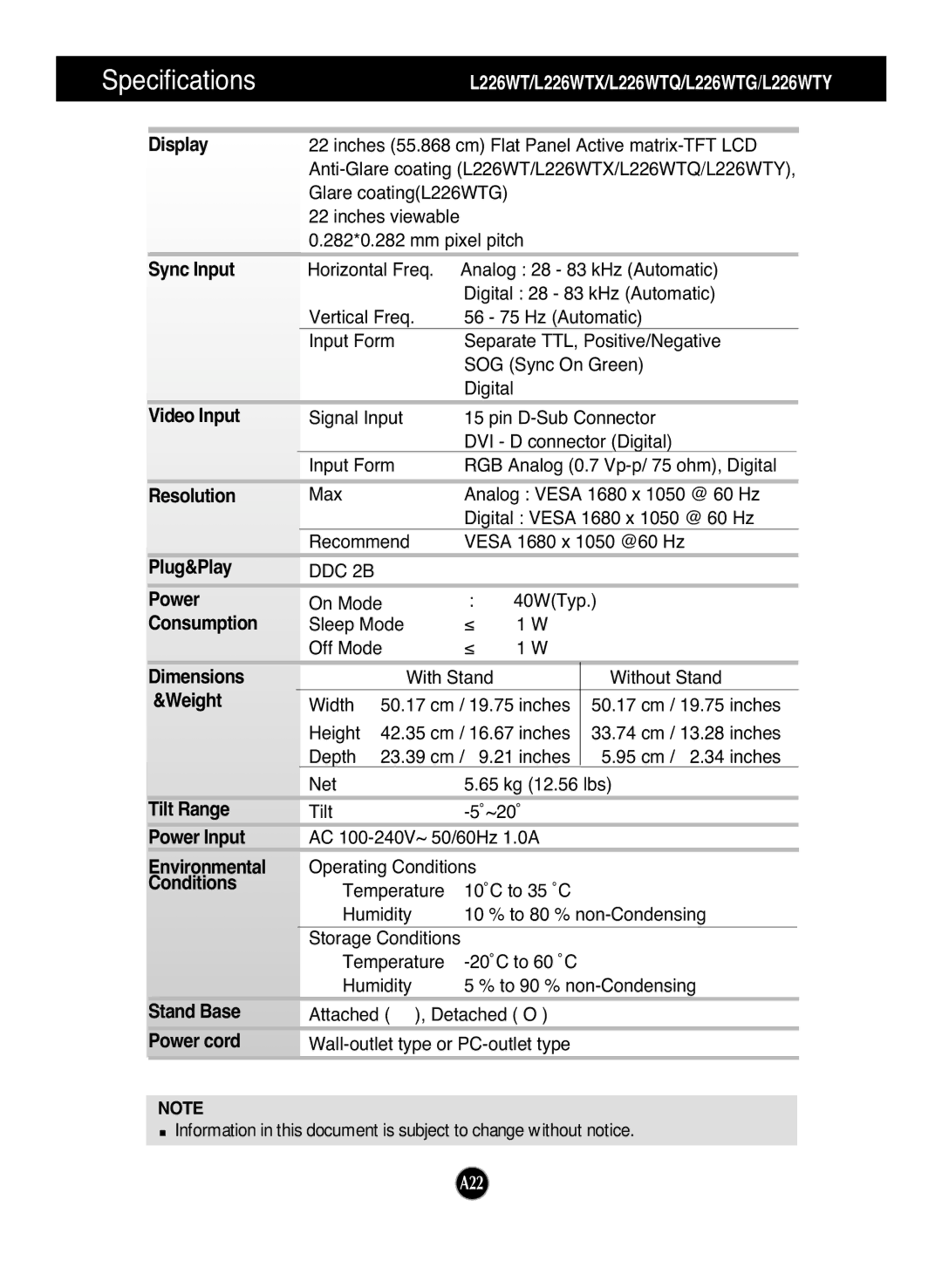 LG Electronics L226WTQ Display, Sync Input, Video Input, Resolution, Plug&Play Power, Consumption, Dimensions, Weight 