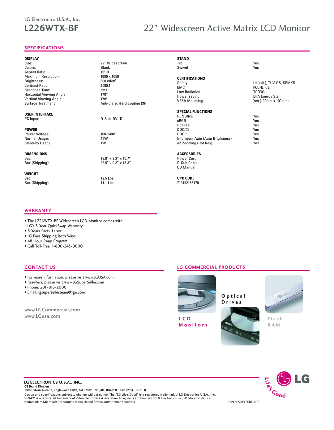 LG Electronics L226WTX-BF manual Specifications, Warranty, Contact US, LG Commercial Products 