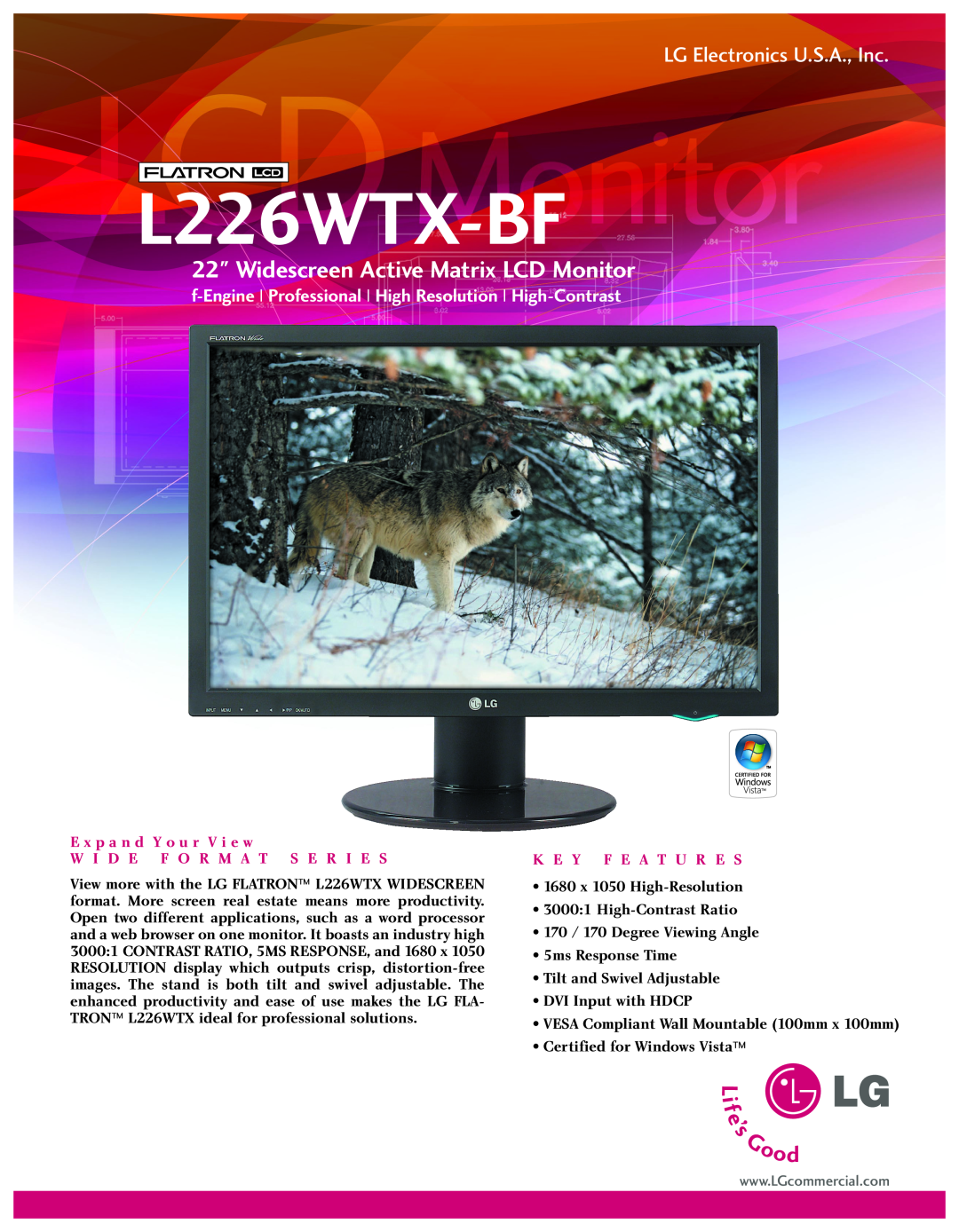 LG Electronics L226WTX-BF manual Widescreen Active Matrix LCD Monitor, LG Electronics U.S.A., Inc, K E Y F E A T U R E S 