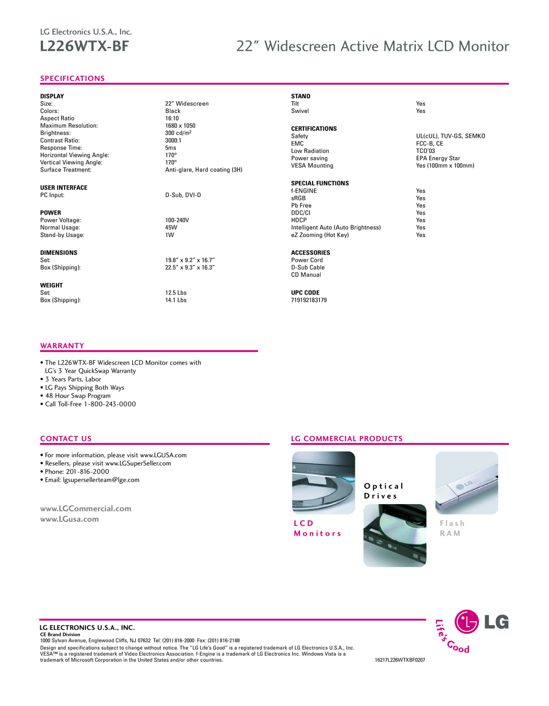 LG Electronics L226WTX-BF Widescreen Active Matrix LCD Monitor, LG Electronics U.S.A., Inc, O p t i c a l D r i v e s 