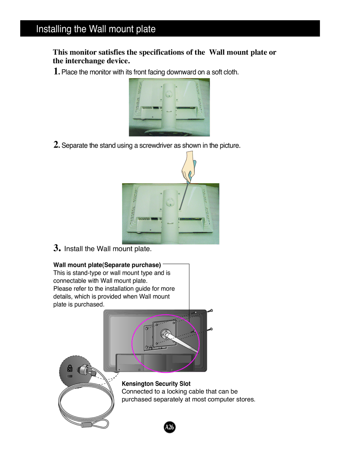 LG Electronics L226WU manual Installing the Wall mount plate, Wall mount plateSeparate purchase 