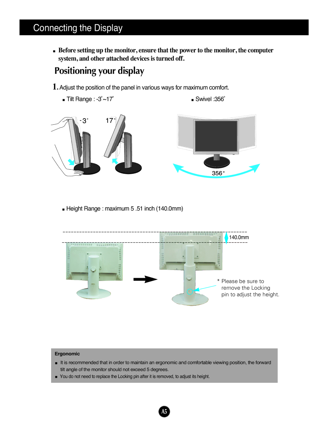 LG Electronics L226WU manual Positioning your display, Ergonomic 