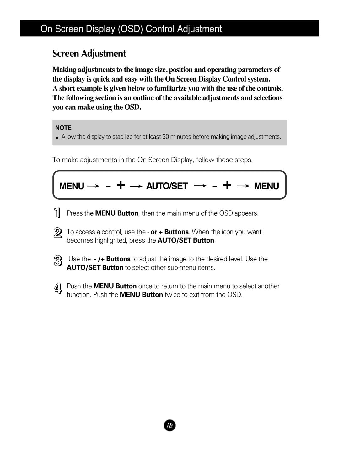 LG Electronics L227WT manual On Screen Display OSD Control Adjustment, Screen Adjustment 