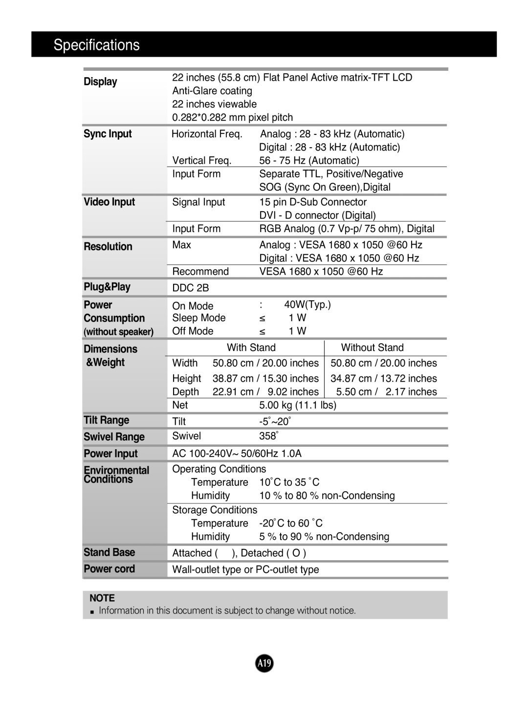 LG Electronics L227WT manual Specifications 