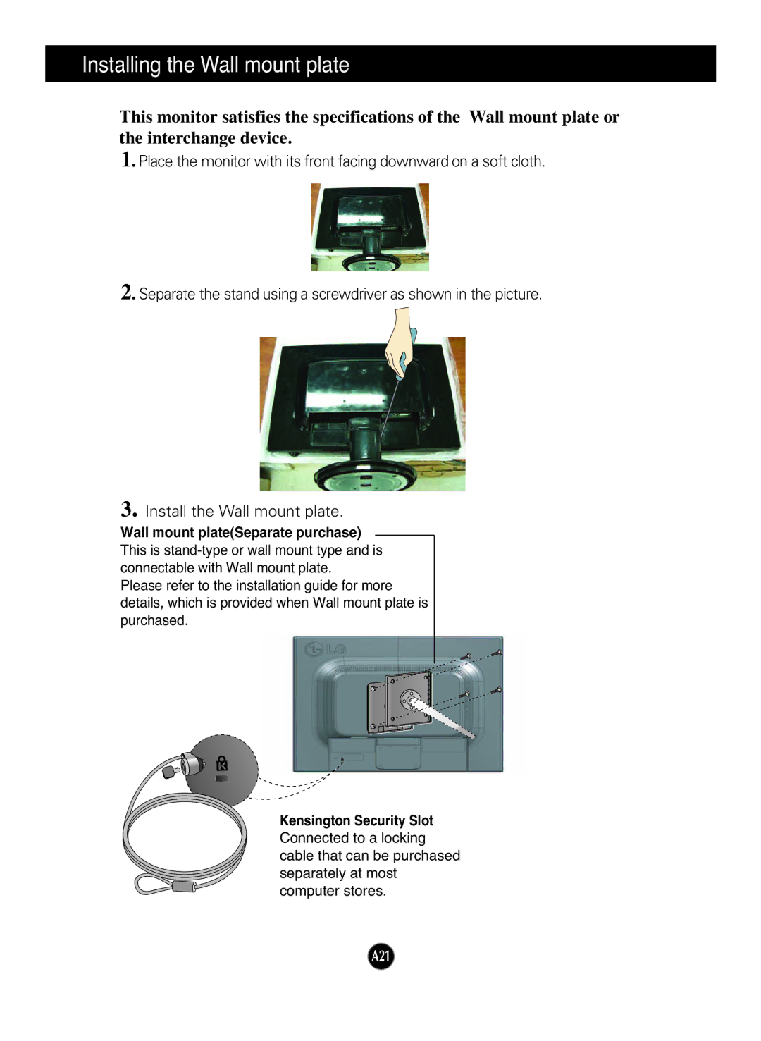 LG Electronics L227WT manual Installing the Wall mount plate, Wall mount plateSeparate purchase, Kensington Security Slot 