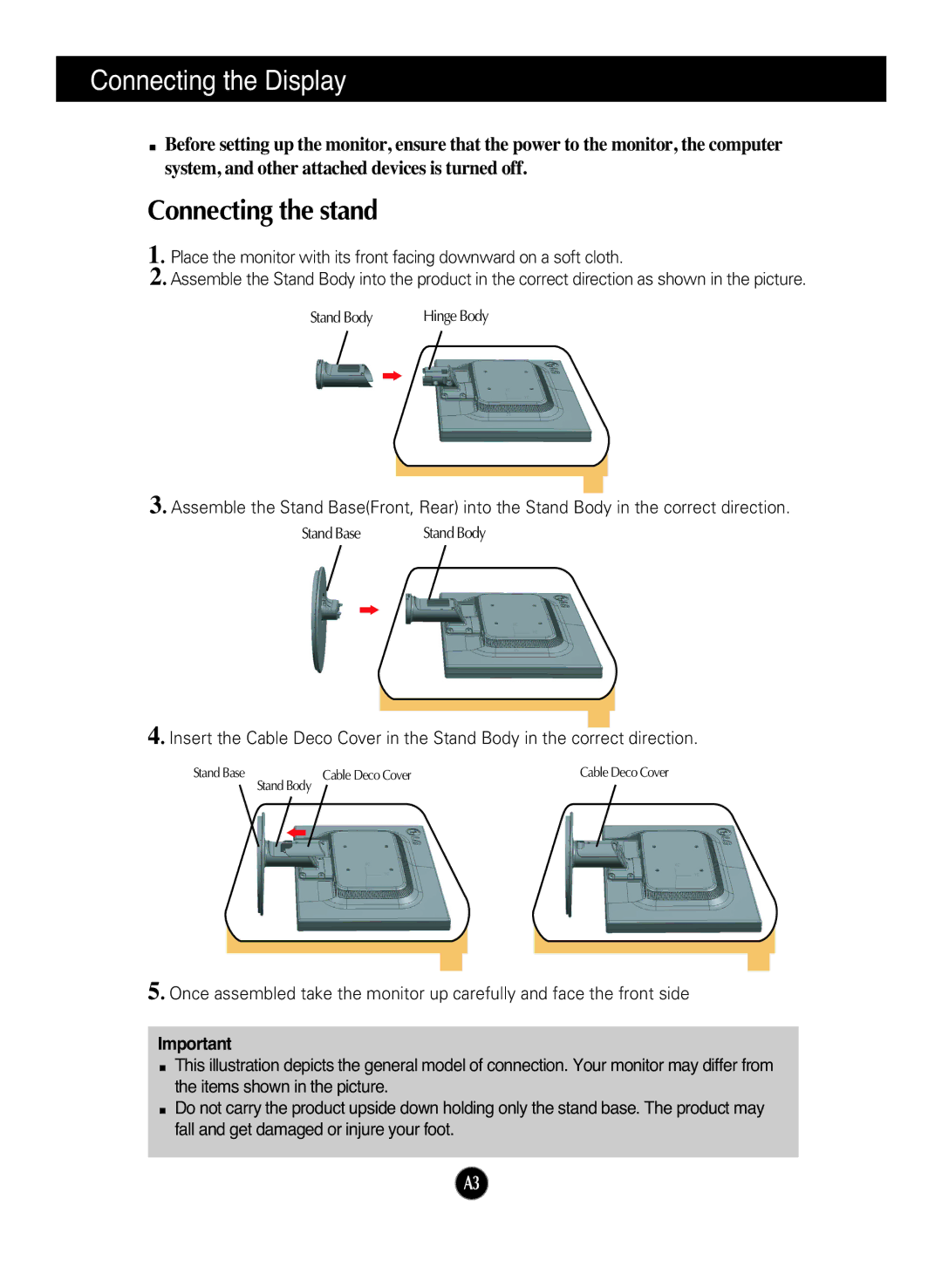 LG Electronics L227WT manual Connecting the Display, Connecting the stand 