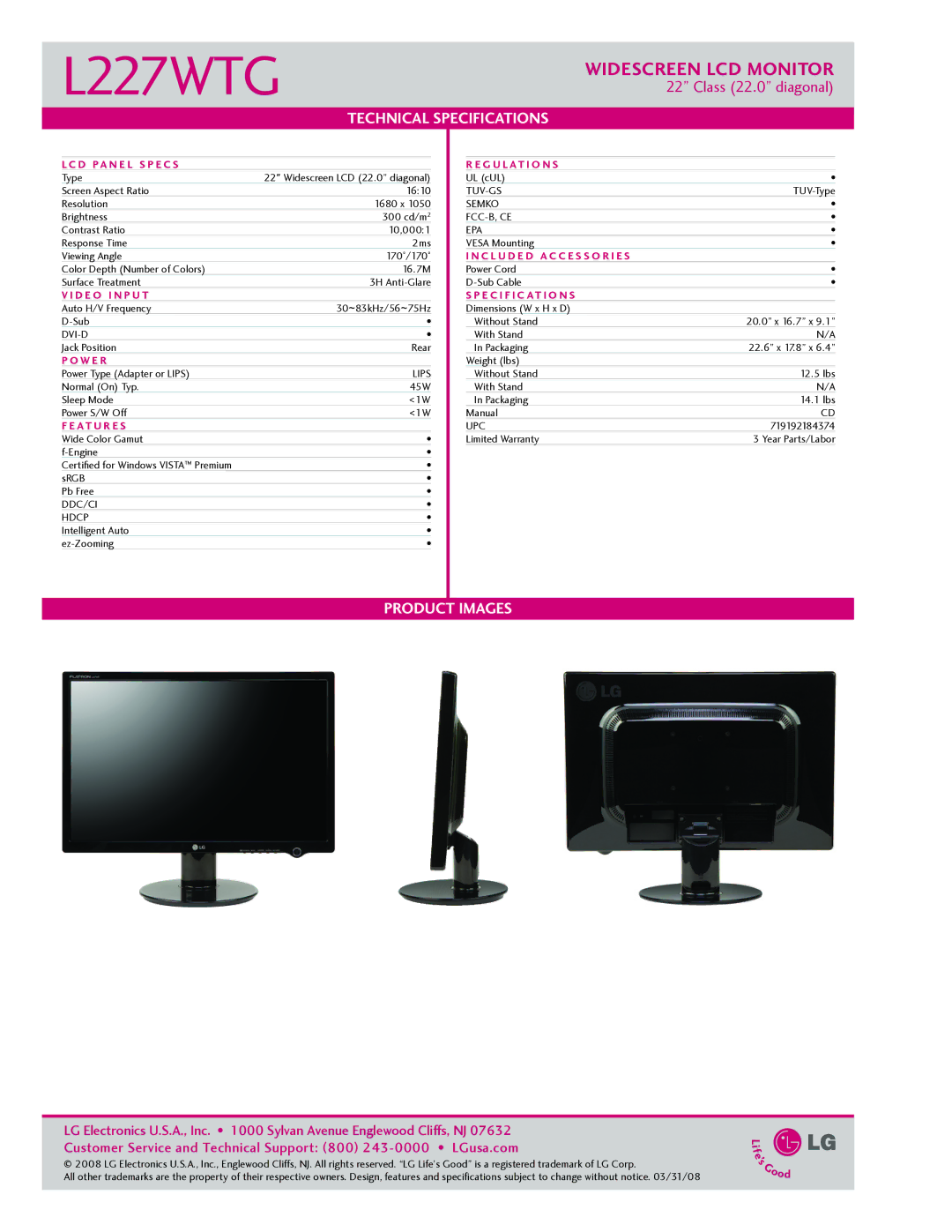 LG Electronics L227WTG D PA n e l S p e c s G u l at i o n S, C l u d e d a c c e s s o r i e s, D E o I n p u t, W e r 