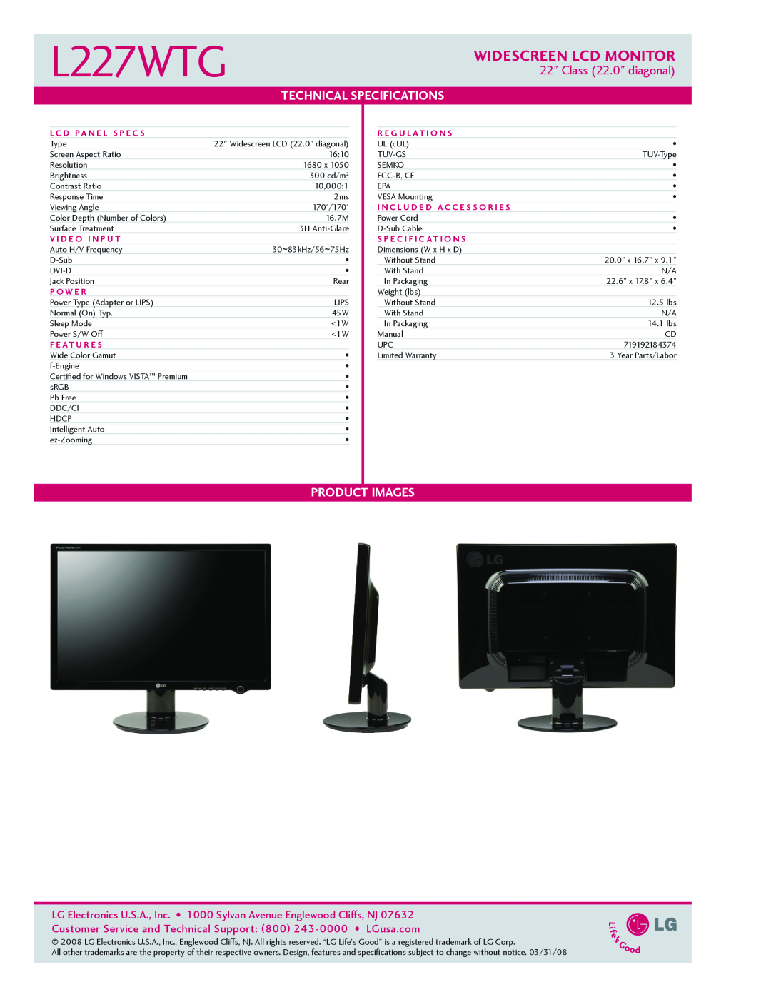 LG Electronics L227WTG manual Widescreen LCD Monitor, 22” Class 22.0” diagonal, Technical specifications, Product Images 