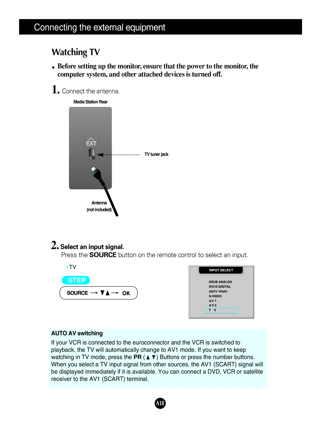 LG Electronics L2323T manual Watching TV, Auto AV switching 