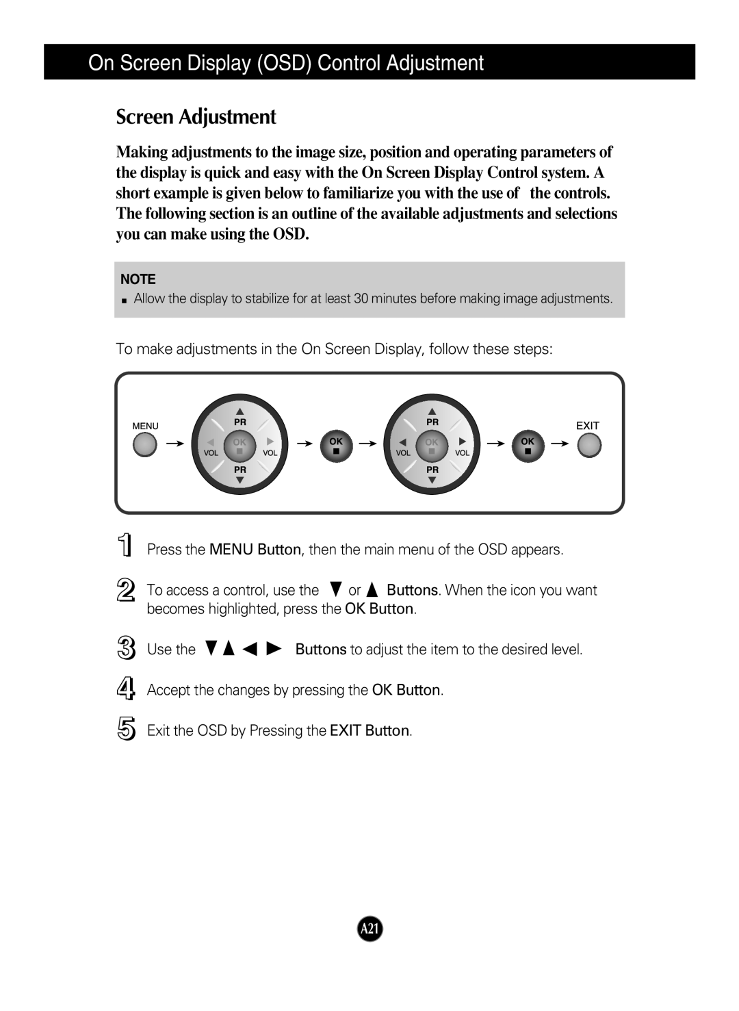 LG Electronics L2323T manual On Screen Display OSD Control Adjustment, Screen Adjustment 