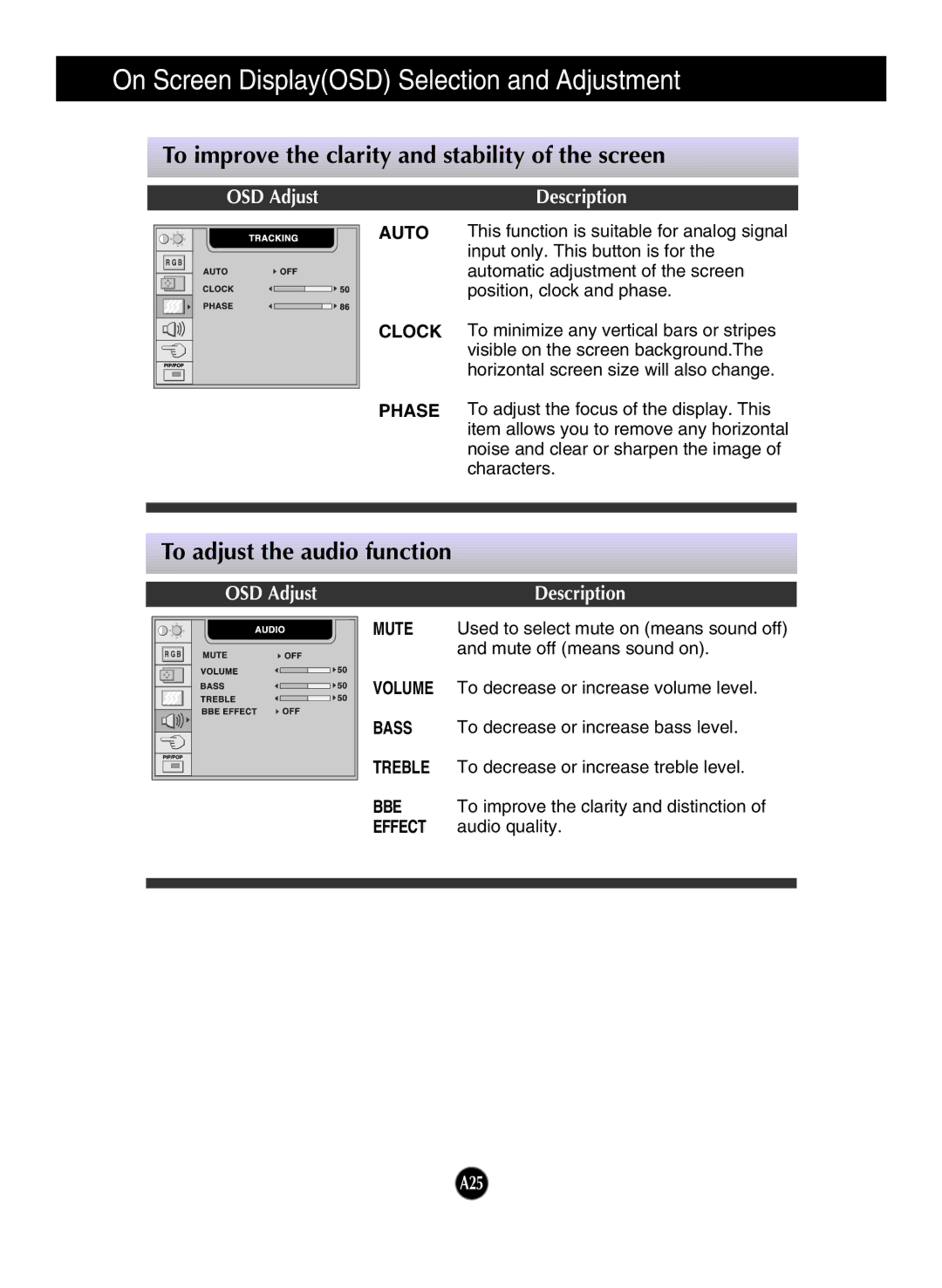 LG Electronics L2323T manual To improve the clarity and stability of the screen, To adjust the audio function 