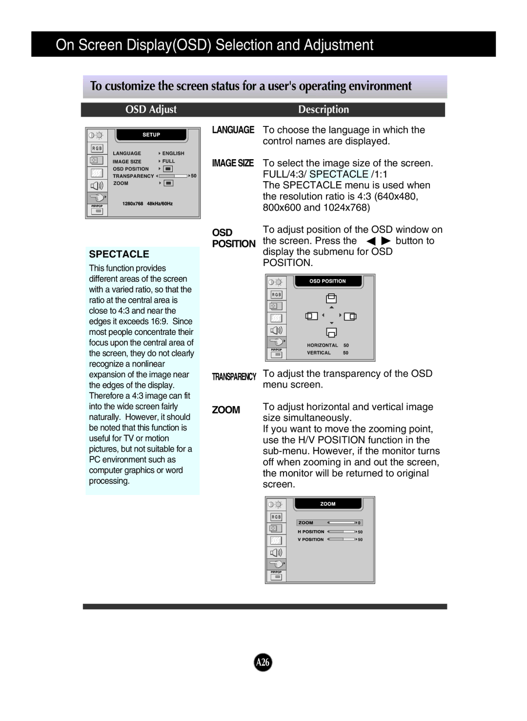 LG Electronics L2323T manual Spectacle, Zoom 