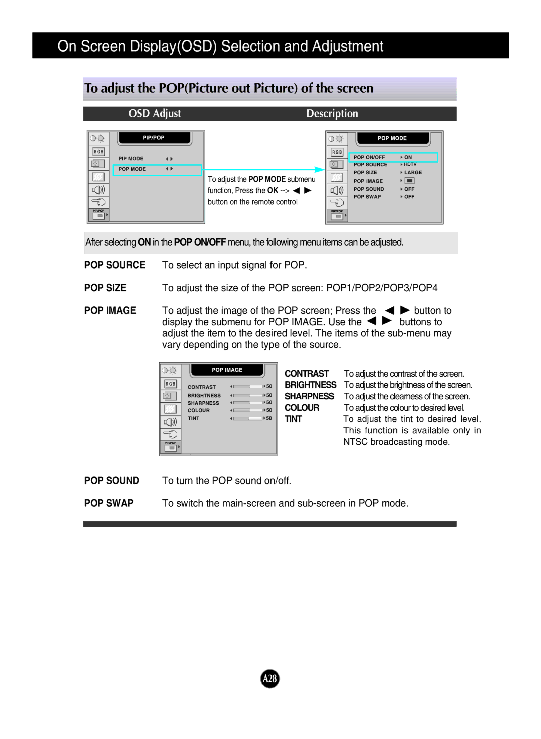 LG Electronics L2323T manual To adjust the POPPicture out Picture of the screen, POP Size 