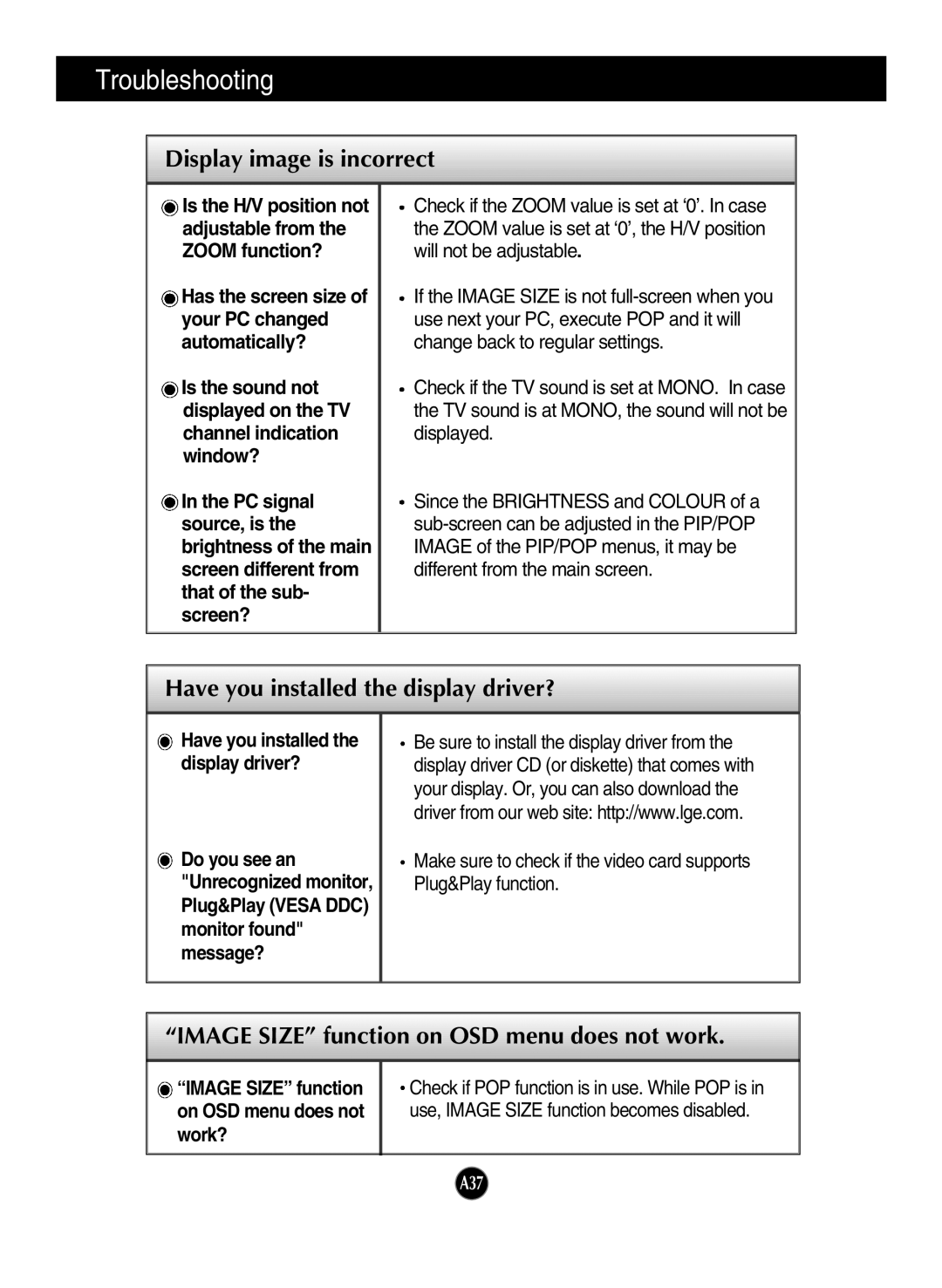 LG Electronics L2323T manual Have you installed the display driver?, Image Size function on OSD menu does not work 