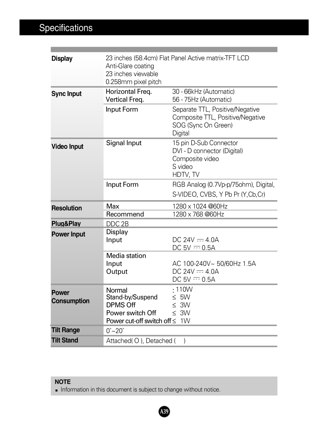 LG Electronics L2323T manual Specifications 