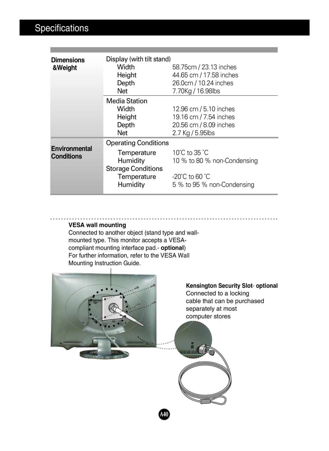 LG Electronics L2323T manual Dimensions, Weight, Environmental, Conditions 