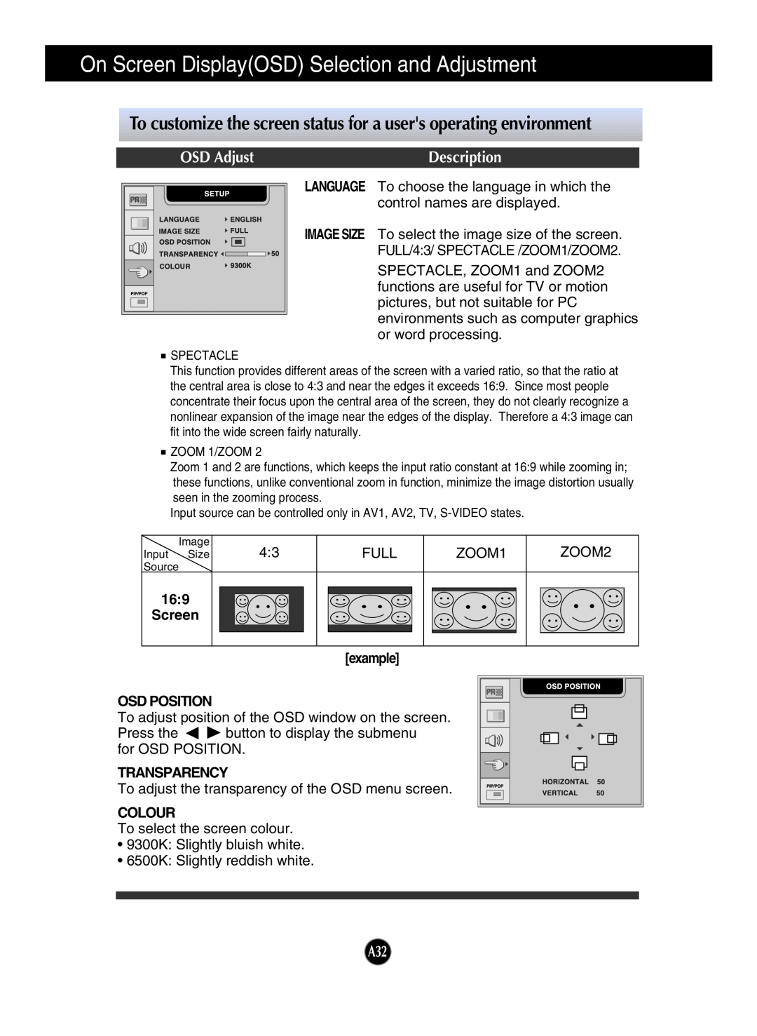LG Electronics L2323T manual On Screen DisplayOSD Selection and Adjustment, OSD Adjust, Description, example, Osd Position 