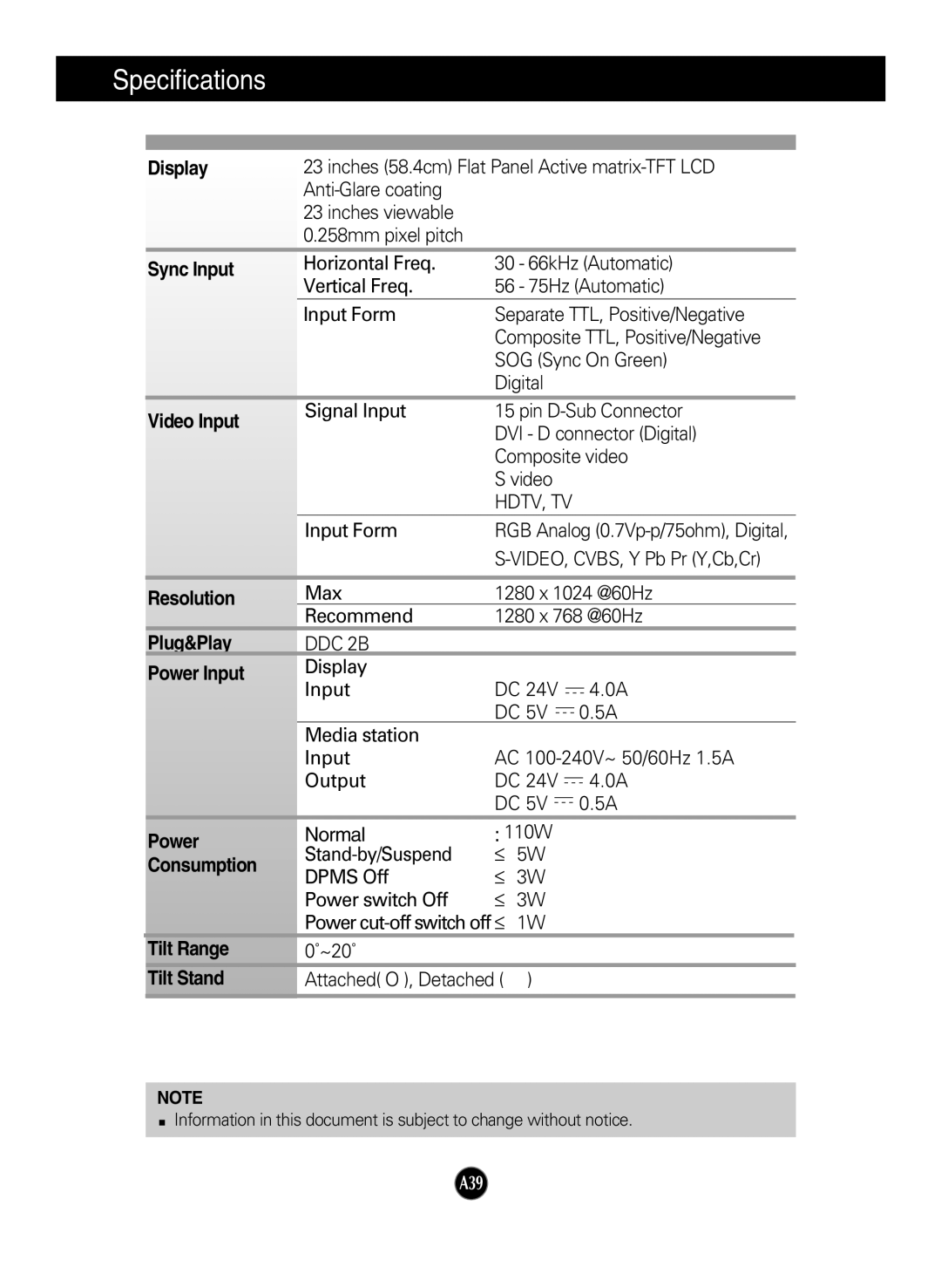 LG Electronics L2323T manual Specifications, 0˚~20˚, Attached O , Detached 
