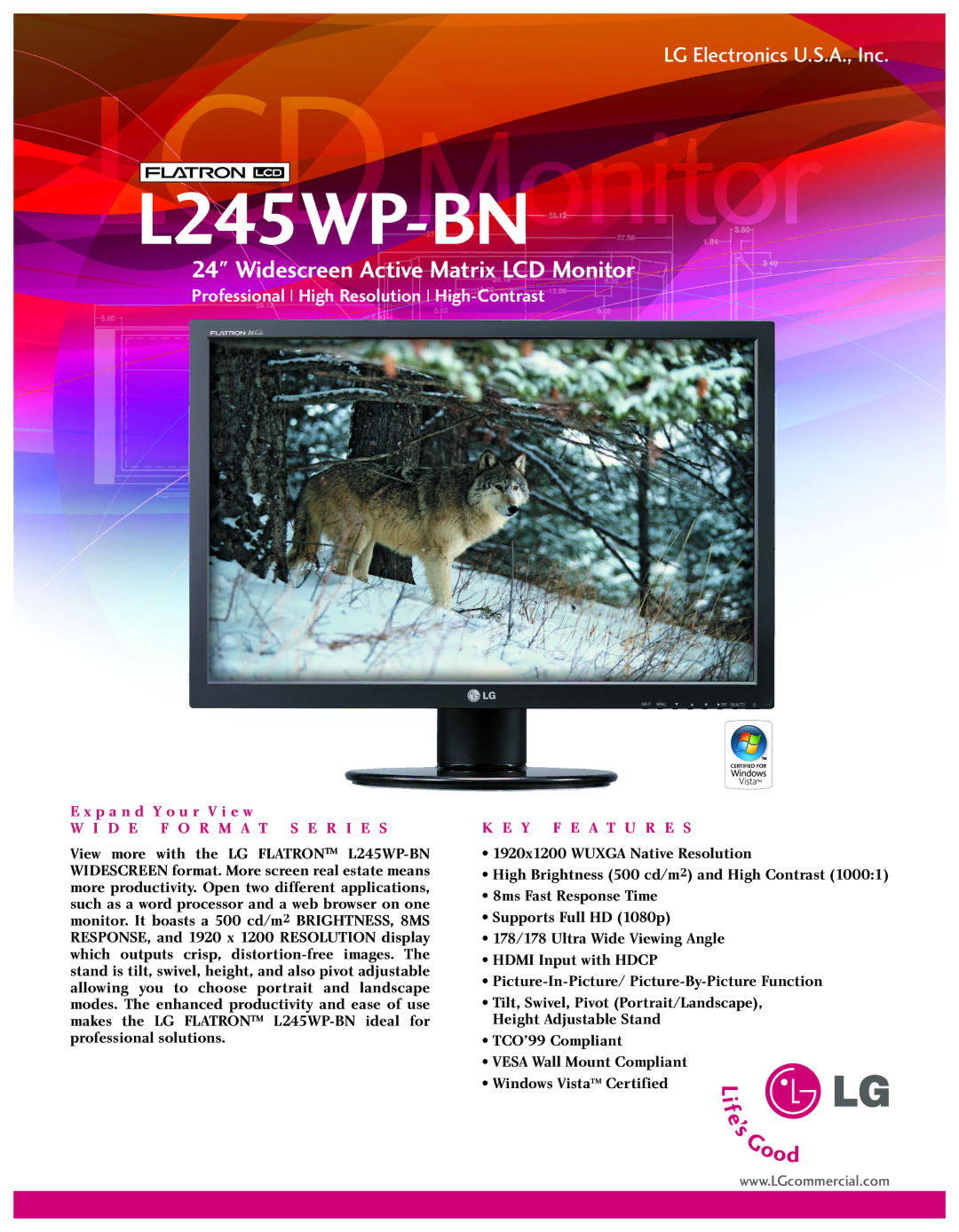 LG Electronics L245WP-BN manual D E F O R M a T S E R I E S, Y F E a T U R E S 