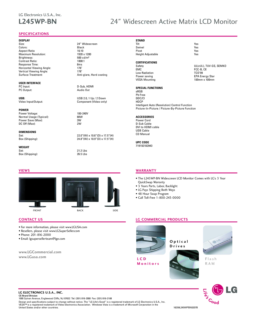 LG Electronics L245WP-BN manual Specifications, Views Warranty, Contact US LG Commercial Products 