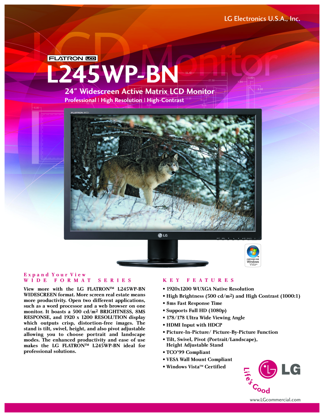 LG Electronics L245WP-BN manual Widescreen Active Matrix LCD Monitor, LG Electronics U.S.A., Inc, K E Y F E A T U R E S 