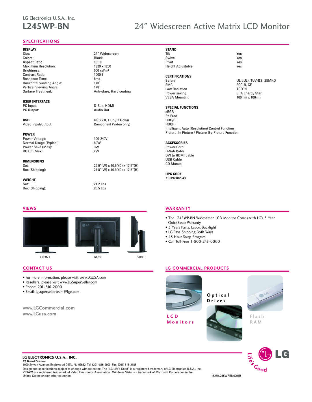 LG Electronics L245WP-BN manual Widescreen Active Matrix LCD Monitor, LG Electronics U.S.A., Inc, O p t i c a l D r i v e s 