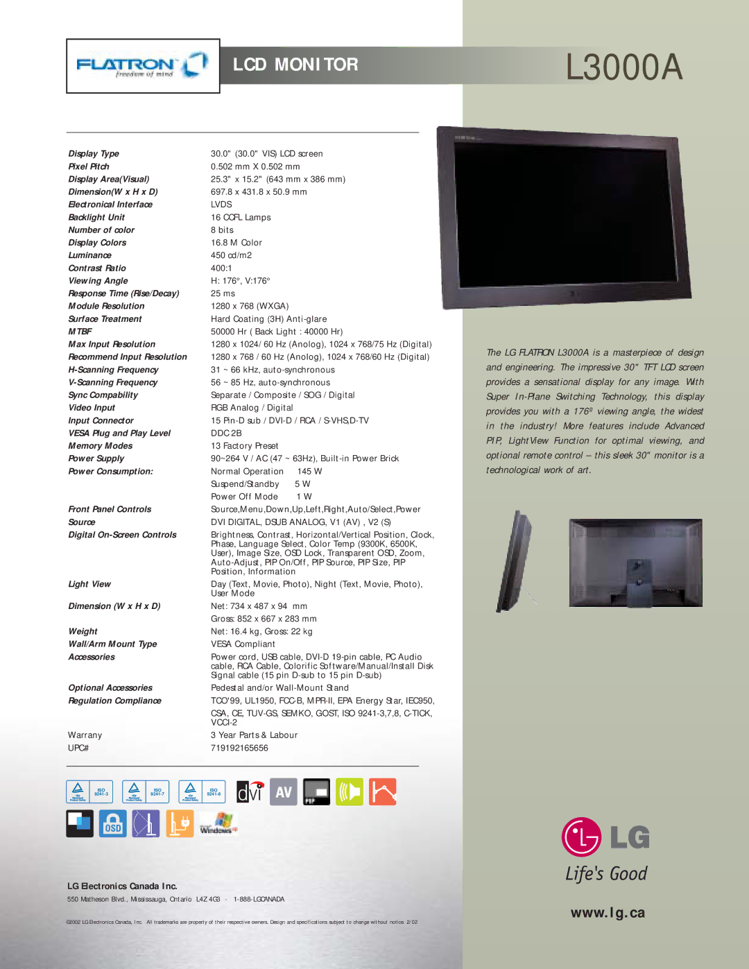 LG Electronics specifications LCD Monitor L3000A, LG Electronics Canada Inc, Mtbf 