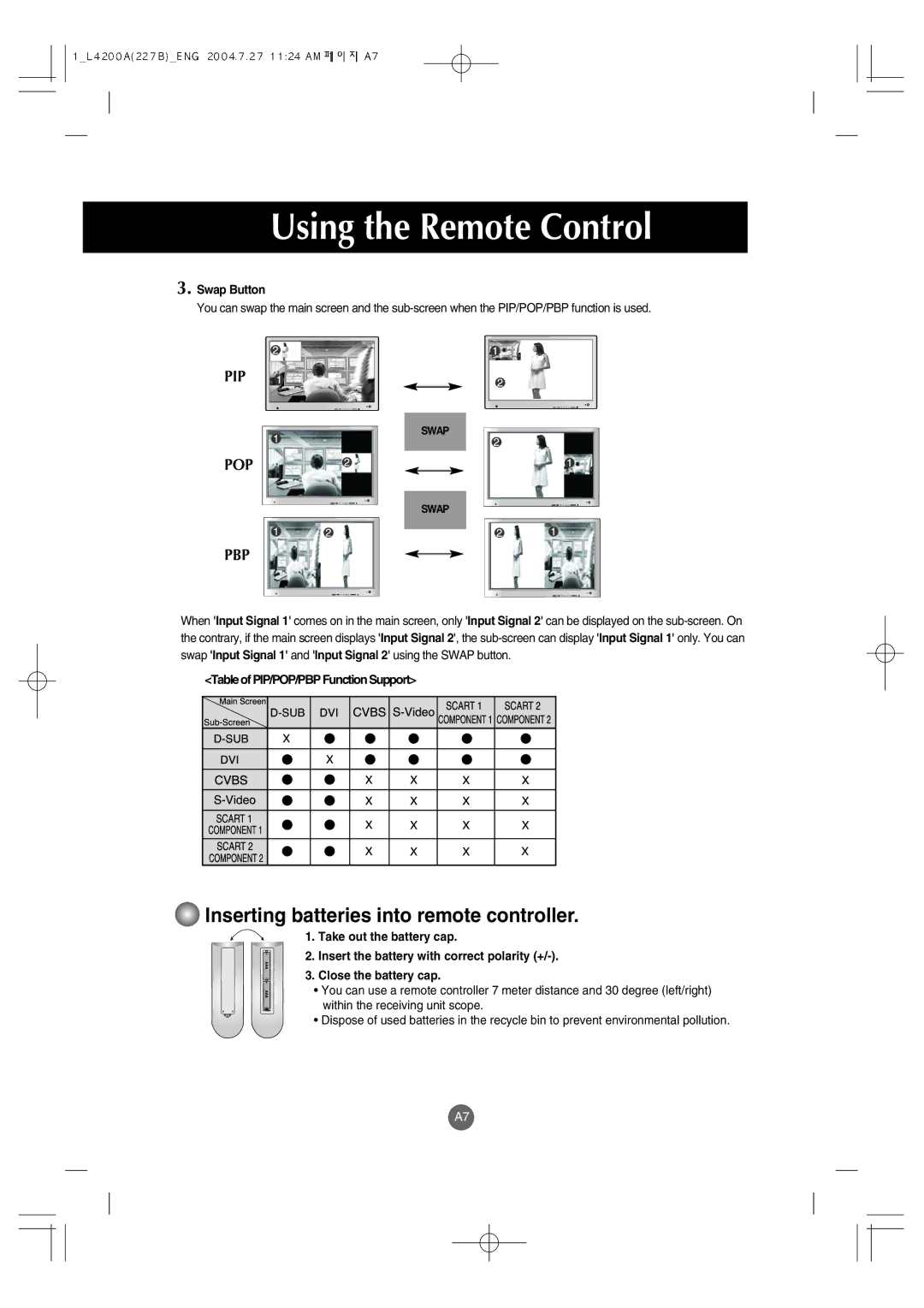 LG Electronics L4200A Inserting batteries into remote controller, Swap Button, Table of PIP/POP/PBP Function Support 