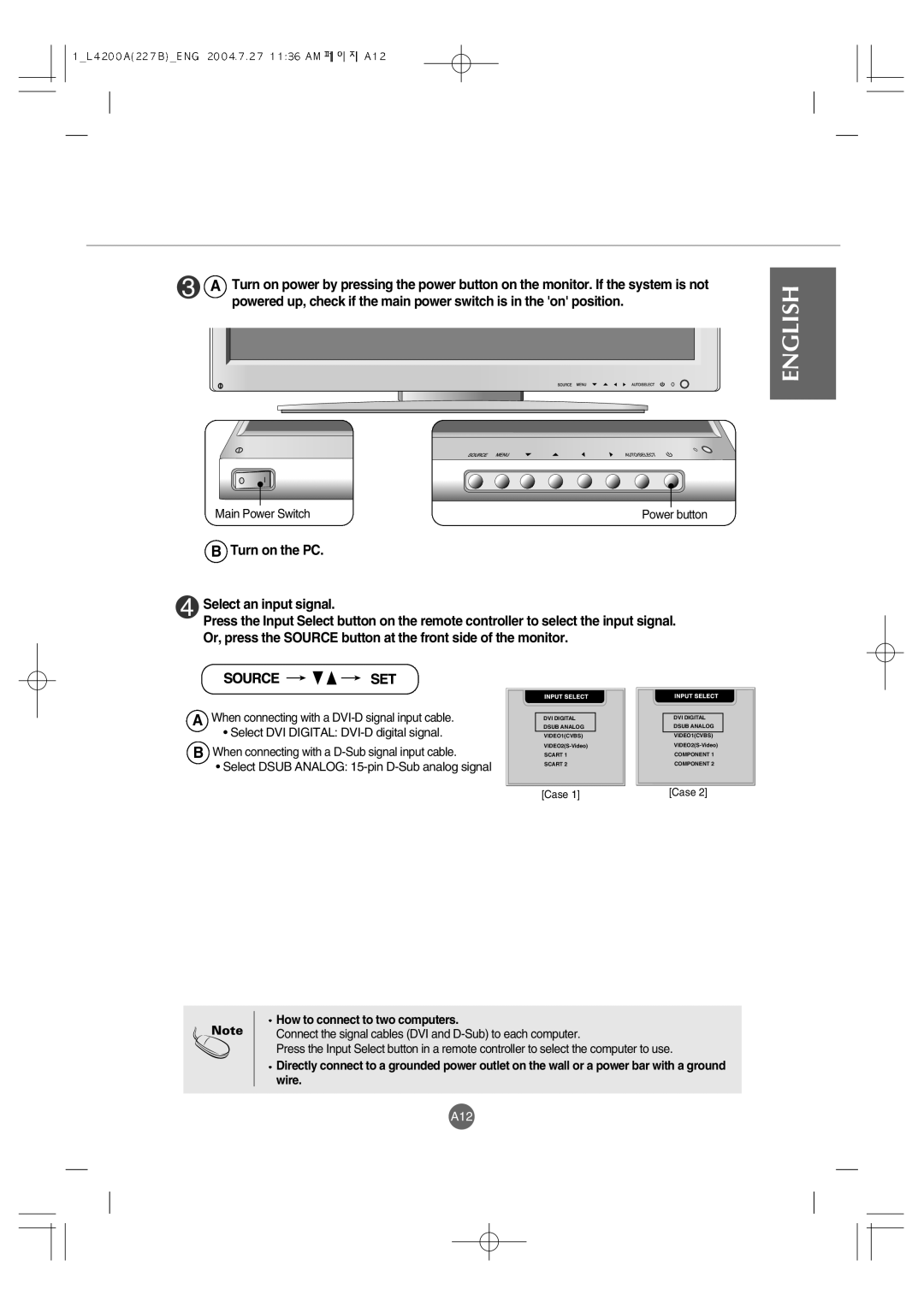 LG Electronics L4200A manuel dutilisation Main Power Switch, How to connect to two computers 