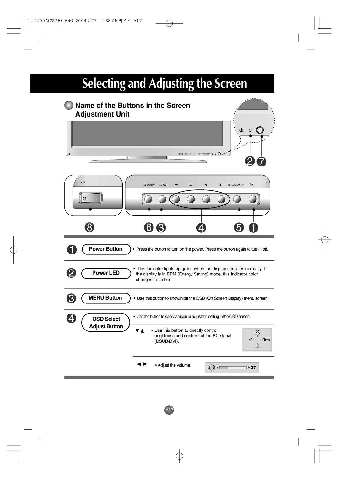 LG Electronics L4200A Selecting and Adjusting the Screen, Name of the Buttons in the Screen Adjustment Unit 