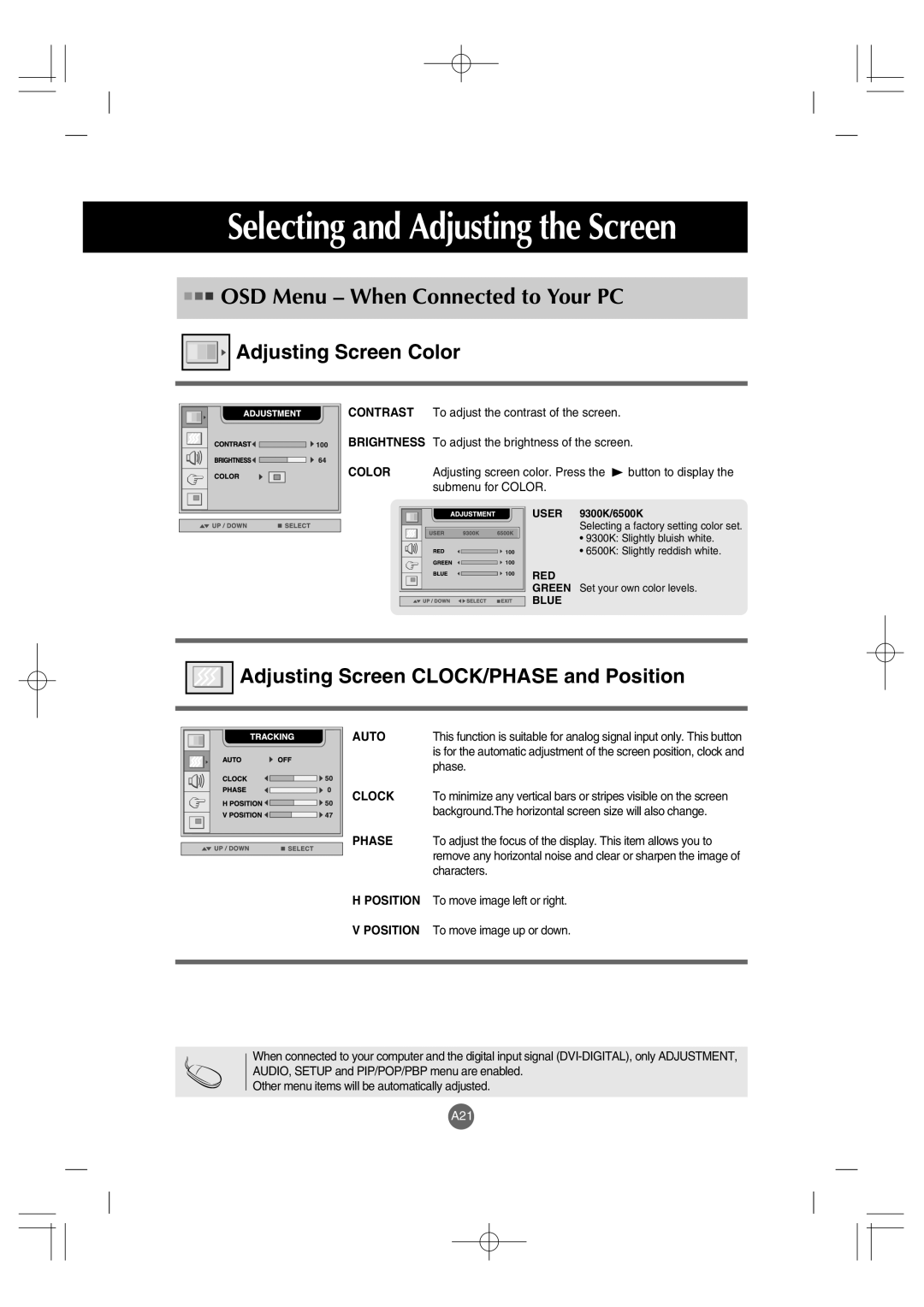 LG Electronics L4200A manuel dutilisation Adjusting Screen Color, Adjusting Screen CLOCK/PHASE and Position 