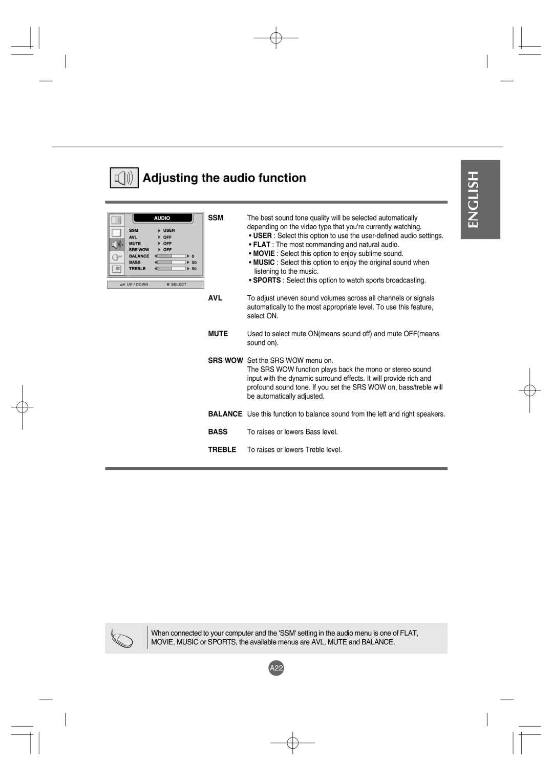 LG Electronics L4200A manuel dutilisation Adjusting the audio function, Avl 