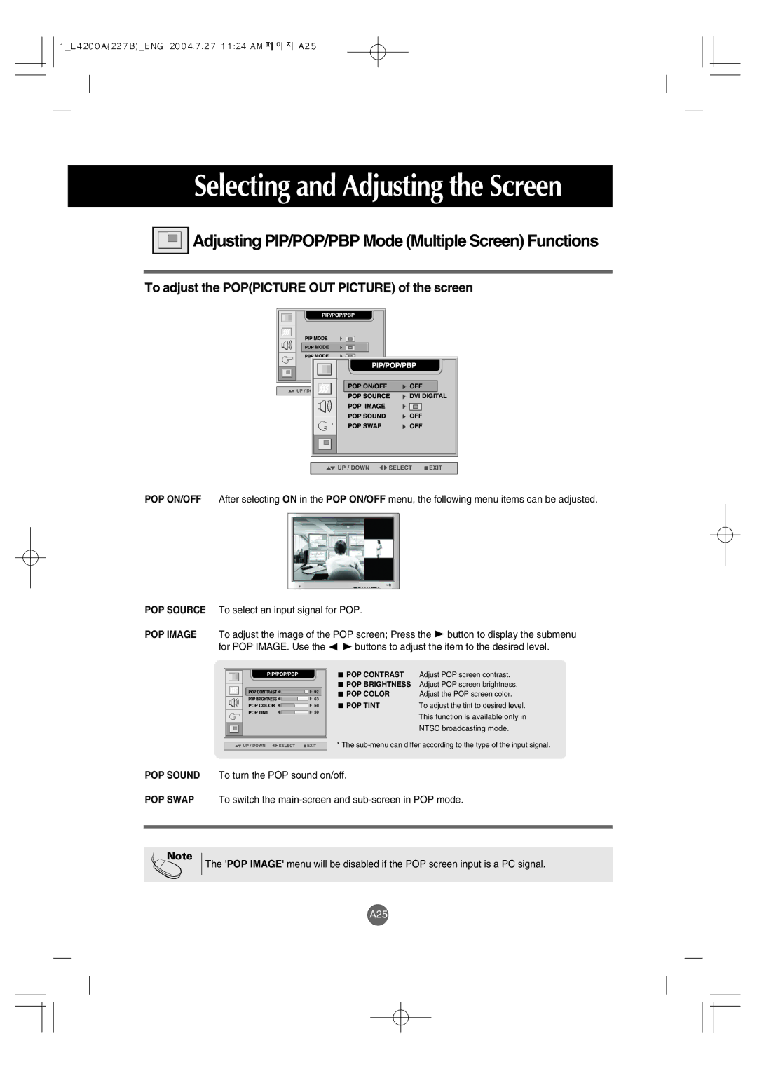 LG Electronics L4200A manuel dutilisation Adjusting PIP/POP/PBP Mode Multiple Screen Functions 