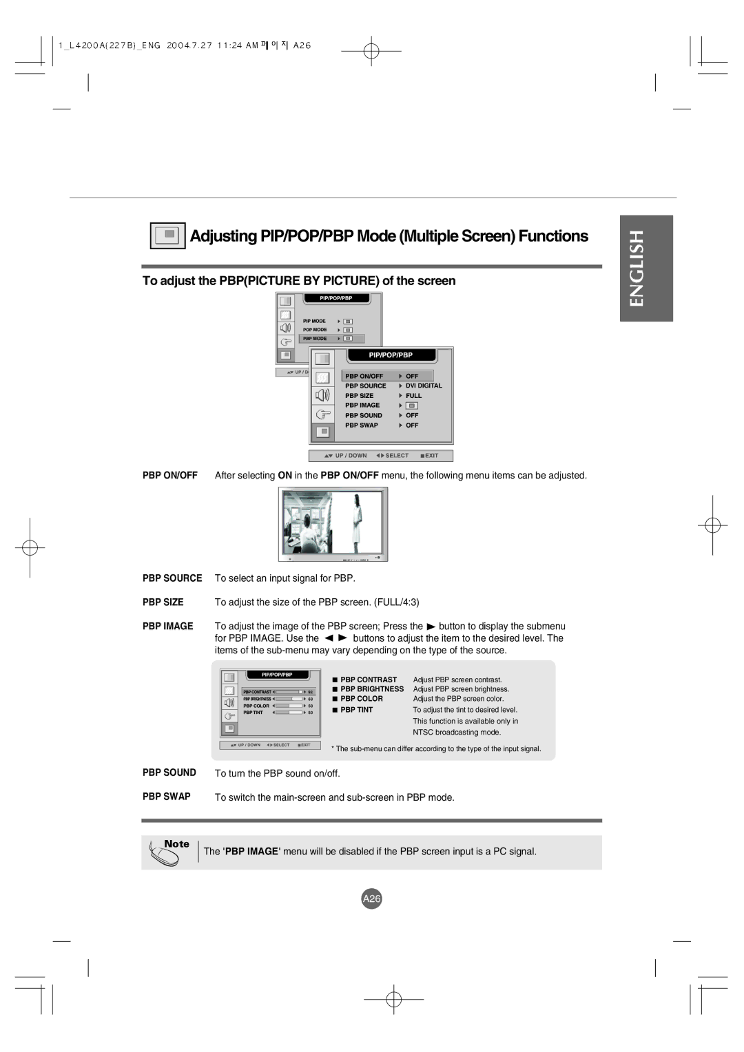 LG Electronics L4200A manuel dutilisation To adjust the Pbppicture by Picture of the screen, PBP Tint 