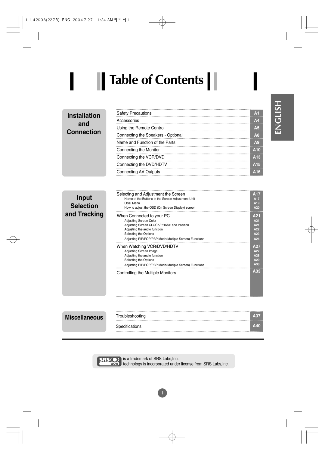 LG Electronics L4200A manuel dutilisation Table of Contents 