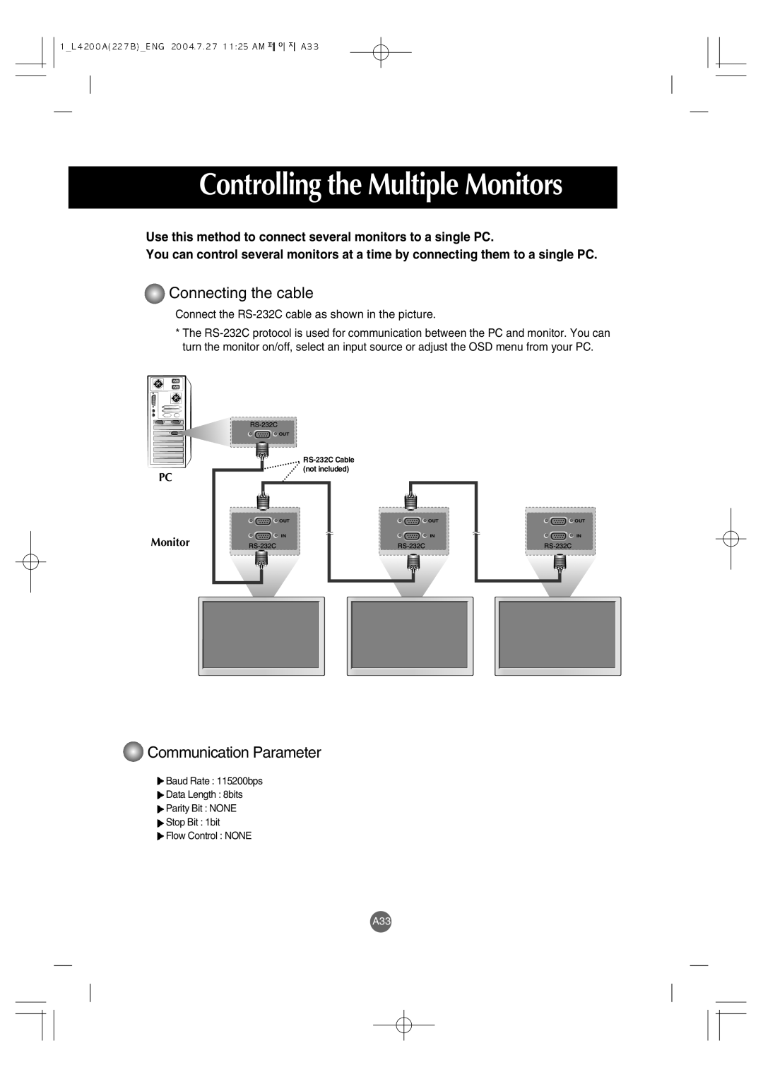 LG Electronics L4200A manuel dutilisation Controlling the Multiple Monitors, Connecting the cable 