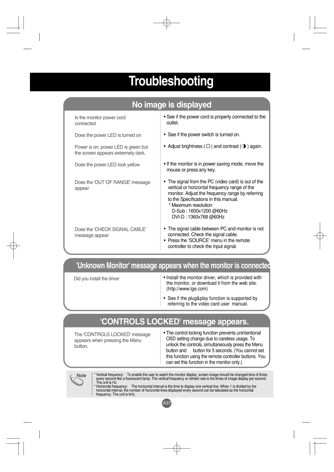 LG Electronics L4200A manuel dutilisation Troubleshooting, No image is displayed 