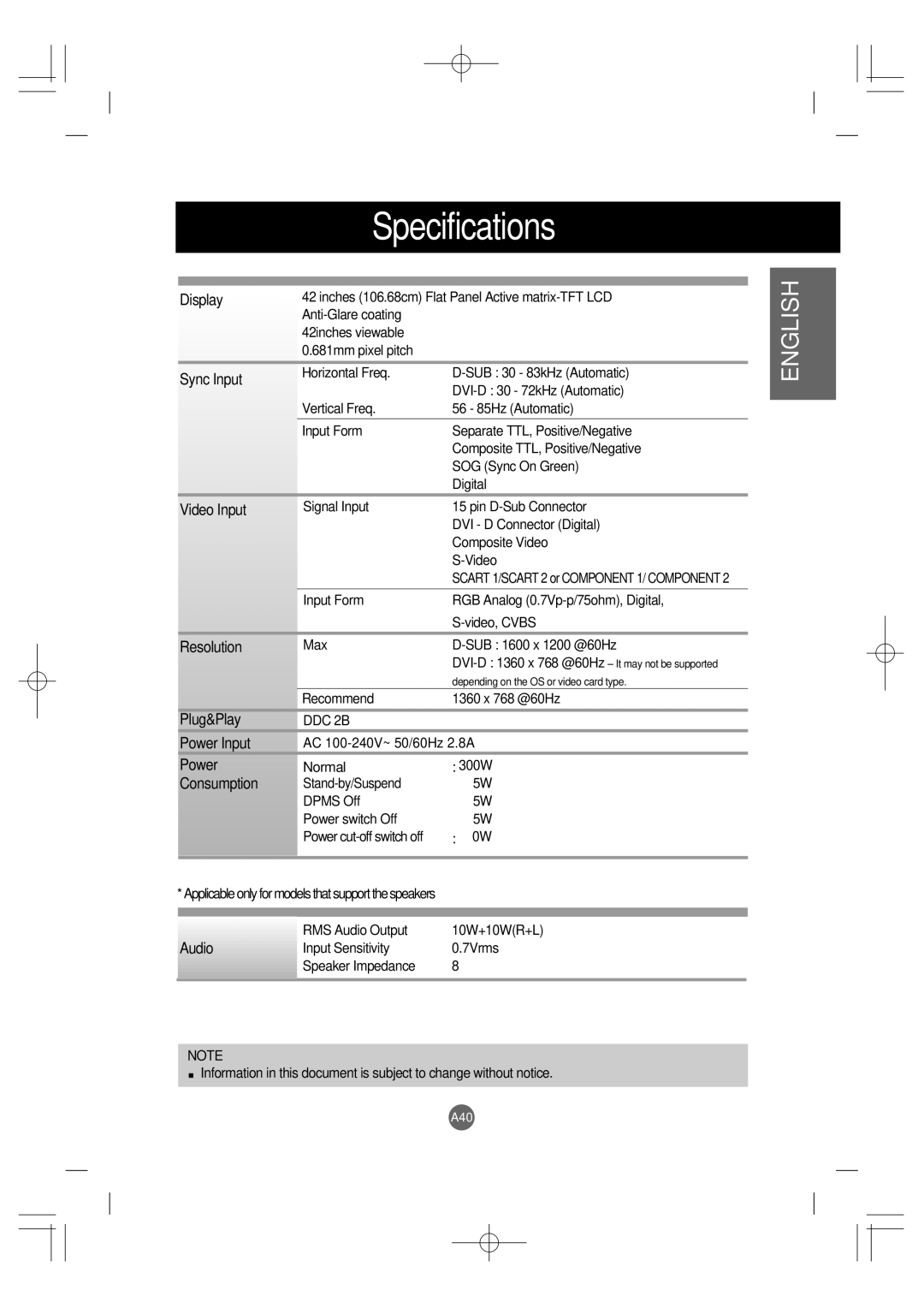 LG Electronics L4200A manuel dutilisation Specifications 