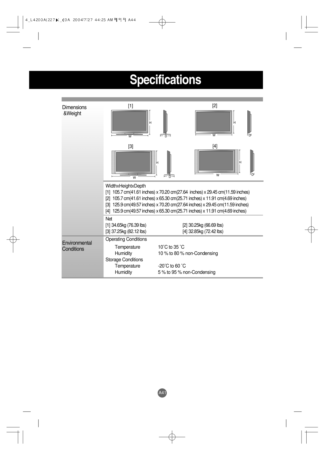 LG Electronics L4200A manuel dutilisation Dimensions Weight, Environmental, Conditions 