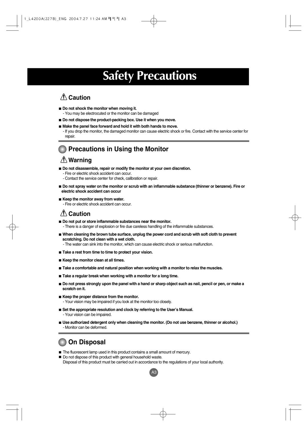 LG Electronics L4200A Precautions in Using the Monitor, On Disposal, Do not shock the monitor when moving it 