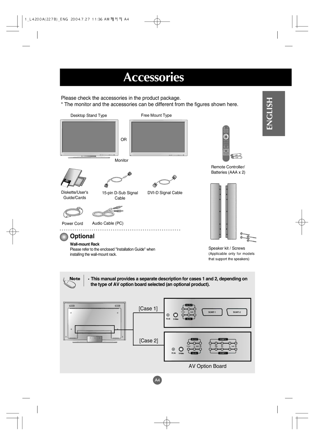 LG Electronics L4200A Accessories, Desktop Stand Type, Monitor, Power Cord Audio Cable PC, Wall-mount Rack 