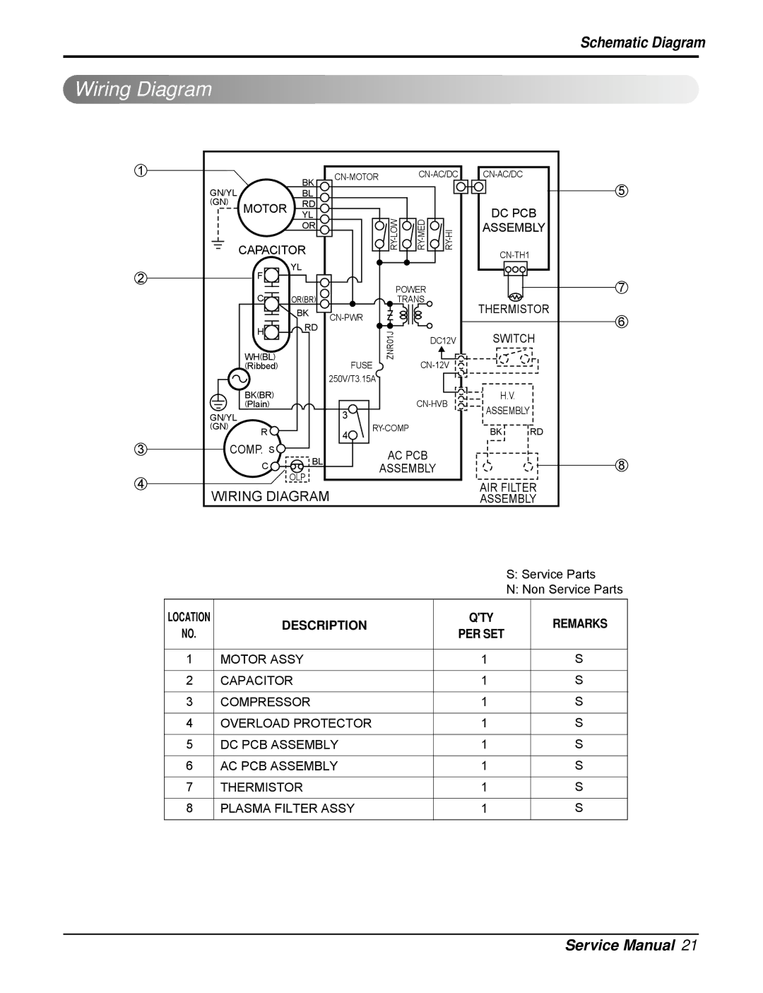 LG Electronics M8004RY4, L8004RY4, HB8004RA4, HB8004RB4, M1004R, HB1004R service manual Wiring Diagram, Description QTY Remarks 