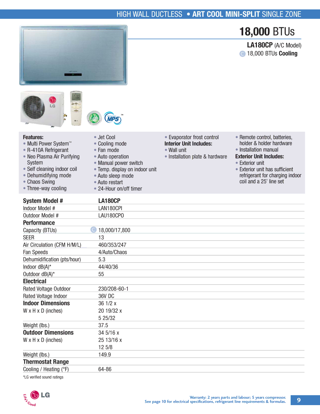 LG Electronics LA090CPO, LA090HPI, LA090CPI manual LA180CP A/C Model 18,000 BTUs Cooling, LAN180CPI, LAU180CPO 